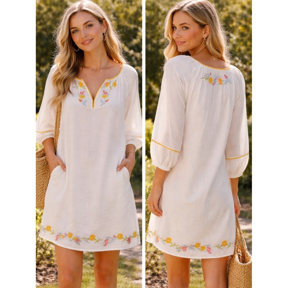 Calypso St Barth White Linen Floral Embroidered Shift Dress Coastal Boho Small